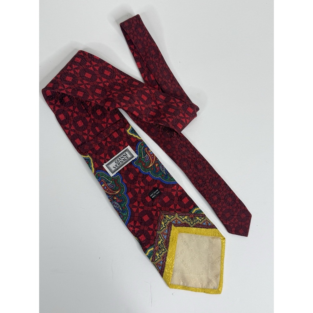 GIANNI VERSACE VINTAGE '90s ICONIC BAROQUE TIE ART NOUVEAU ITALY GOLD RED RUBY